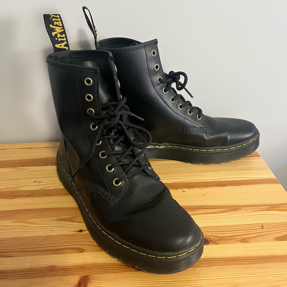 Dr. Martens Black Leather Combat Boots with Yellow Stitching